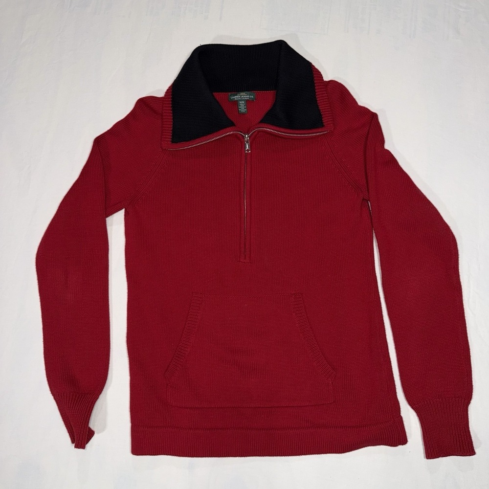 Lauren Ralph Lauren Knit Sweater Top Red Half Zip Pullover Kangaroo Pocket Med.